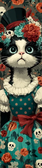 Cat bookmarks design of a black tophat cat with teal dress